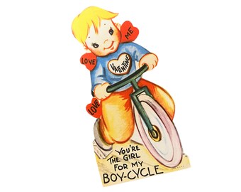 Tarjeta de San Valentín vintage con diseño de bicicleta, juego de palabras de los años 50.