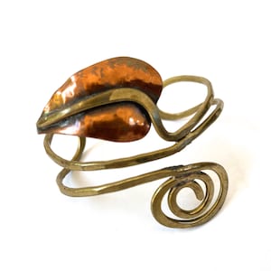 Modernist Leaf Cuff Bracelet~ Unique Bent Copper & Brass cuff~ 60&#39;s abstract Botanical design