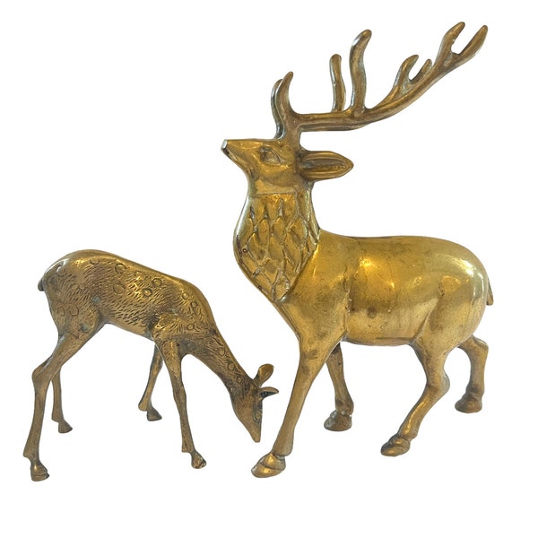 Vintage Brass Deer Figurines ~Male & Female Buck and Doe sculpture ~Christmas decor ~ Woodland forest Mid Century Hollywood Regency