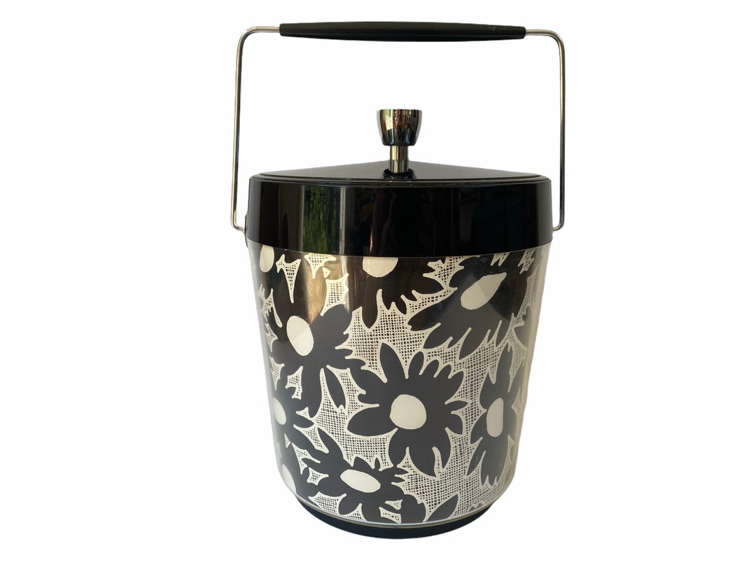 Vintage Flower Ice Bucket Rare Black & White Insulated Floral Barware