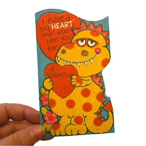 Vintage Yellow Monster Valentine ~ &quot;I have a big heart that would like you&quot; 1970&#39;s Unused Die Cut Valentine&#39;s Day Card~ Polka Dot Dinosaur