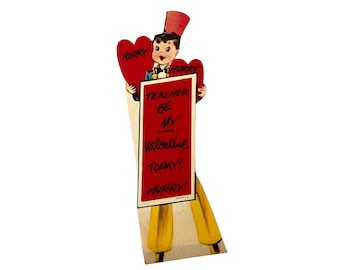 Vintage Teacher Valentines day card ~ "Be my Valentine today! Hurry!" 1950's Die Cut Unused Card~ Boy on stilts Valentine