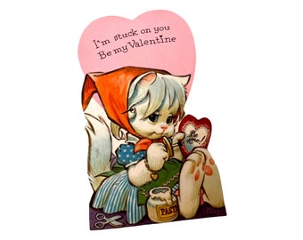Vintage Kitten Valentine Card, 1960s Cottagecore, "I'm Stuck On You"