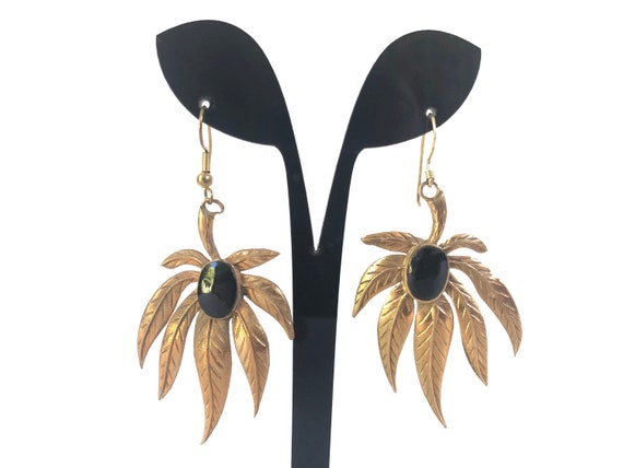 Vintage Pot leaf Earrings ~ Artist made Onyx & Br… - image 1