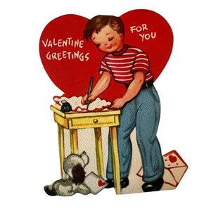 Vintage Gibson Valentinstag Karte ~"Greetings on Valentines Day" Sweet 1950's Die Cut Signiert ~"Künstlerjunge & Welpe."
