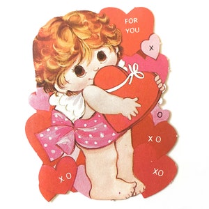Vintage Valentijnsdag Angel Card "For you xoxo" Sweet Ongebruikte Cupido Kaart ~ Meisje met hart ~ Mint Conditie