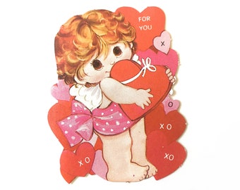 Vintage Valentines Day Angel Card "For you xoxo" Sweet Unused Cupid Card~ Girl with heart~ Mint Condition