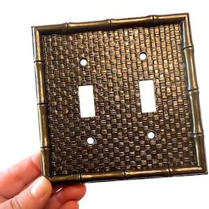 Mid Century Double Light Switch Cover ~ Tiki Bamboo Cover Plate ~ Woven Brass straw thatch & Bamboo Design~ 1960&#39;s Boho Decor
