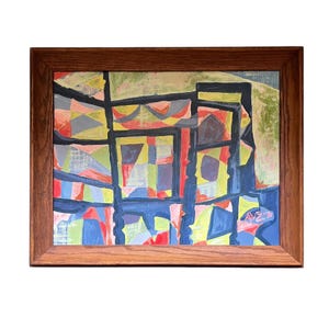 Mid century Abstract Oil Painting ~ Framed & Signed AVZ 1970~ Colorful Geometric original art piece