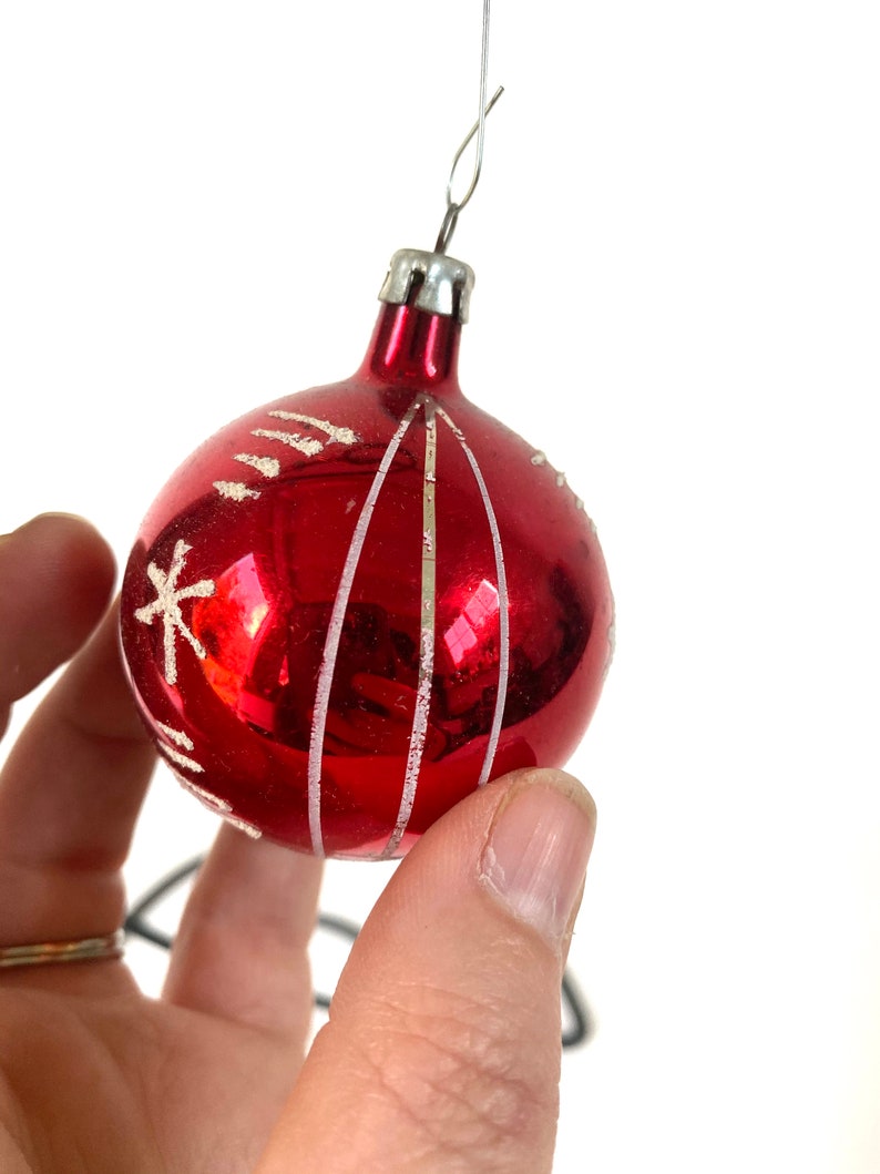 Vintage Blown Glass Christmas ornament~ Red Silver /& White~ Stripe Star design~ 1950/'s Retro holiday decor