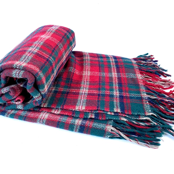 Vintage Pendleton Wool Blanket~ Stadium Blanket Plaid Wool Throw~ Tartan Plaid ~ Black, Red, Green & White~ Rustic Cabin Decor~ 72" x 55"