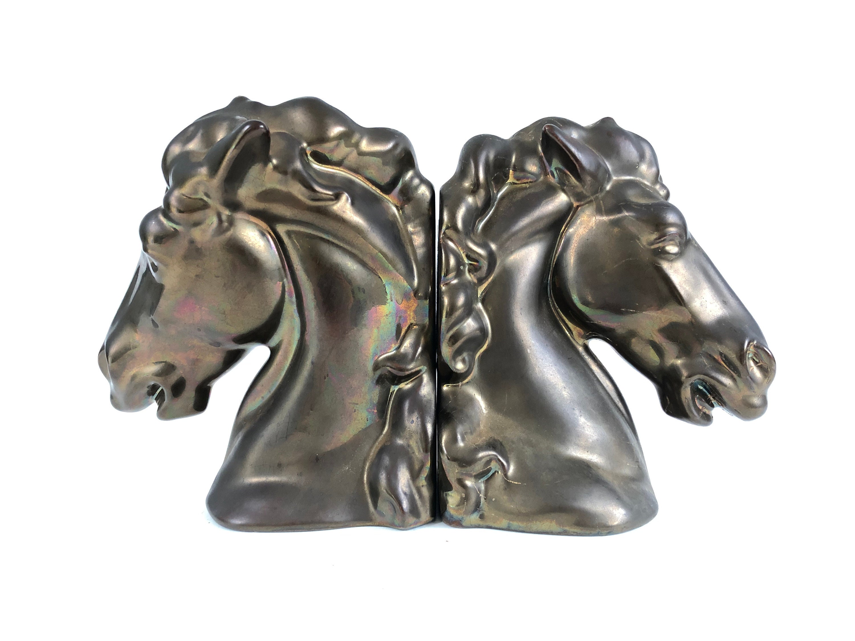 Vintage Horse Head Bookends~ Set Of Equestrian Book Ends~ Bronze Ceramic Bookends