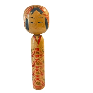 Vintage Large Yajiro-style Kokeshi~ Japanese folk art Wooden Doll figurine ~ Red Floral Kimono