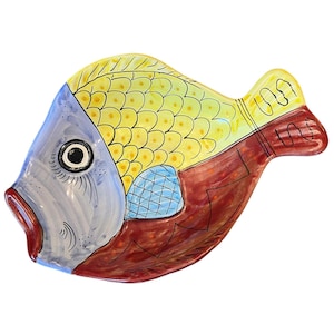Vintage Italian Art Pottery Fish Bowl ~ Large Hand painted Nautical Ceramic Fish Shaped Platter Wall Hanging~Made in Italy~ Vietri Solimene