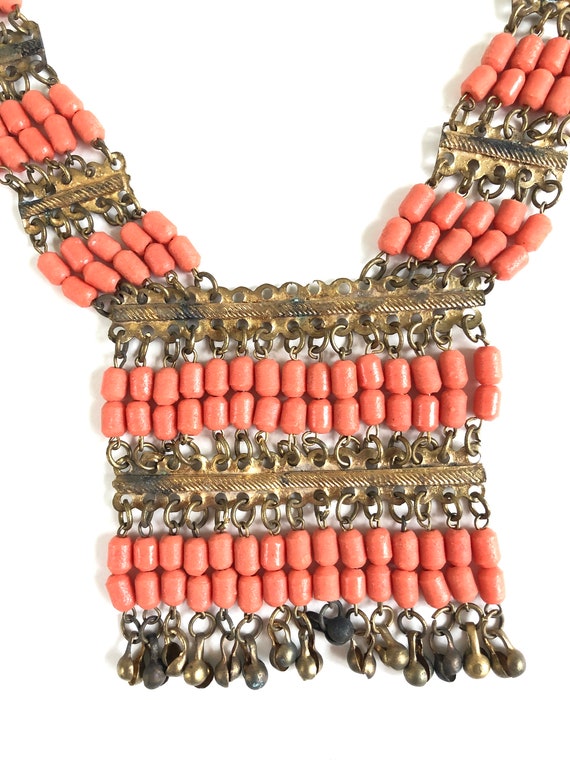 Vintage Egyptian Revival Necklace~ Coral Glass & … - image 3