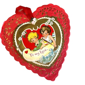 Vintage Valentines Day Card &quot;To my love&quot; Sweet 1920&#39;s Lacy Doily Heart w/ ribbon & flowers Valentine