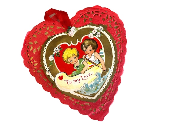 Vintage Valentines Day Card to My Love Sweet 1920's Lacy Doily Heart W/  Ribbon & Flowers Valentine 