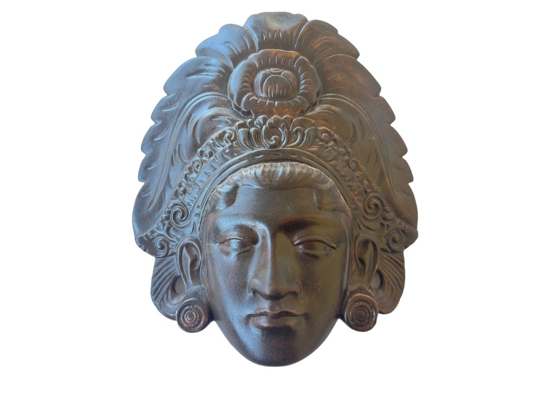 Vintage Balinese Woman Face Sculpture Ceramic Faux Wood Copy of Carving