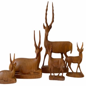 Mid Century Teak Deer Sculpture Set ~ Original Carvings Instant Collection ~ Teak Wood African Antelope Sculptures ~ Male & Female Deer