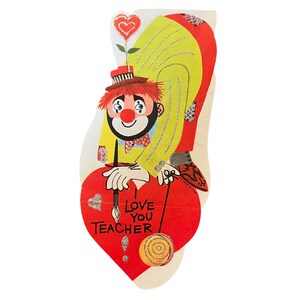 Vintage Circus Clown Valentine Card ~ Valentines "I love you Teacher" 1960's Die Cut Card~ Glitter Clown painting heart ~ Clown lover