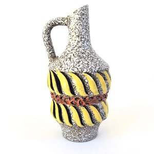 Mid Century Art Pottery Vase~ Italian Bitossi era ~Sunshine yellow, Red & White Blue Art Pottery Pitcher~ Made in Italy ~ Petal design