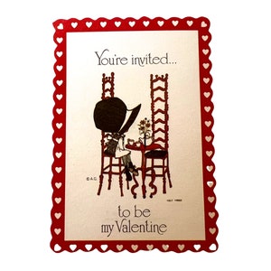Vintage Holly Hobbie Valentijnsdagkaart ~ jaren 1970 gestanste ongebruikte kaart ~ Meisje bij theetijd ~ Cottagecore Valentine