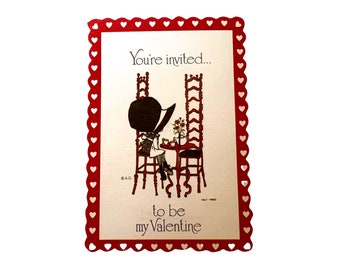 Vintage Holly Hobbie Valentines Day Card~ 1970's Die Cut Unused Card~ Girl at tea time~ Cottagecore Valentine