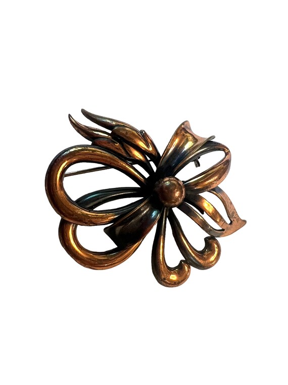 Vintage Copper Triad Flower pin~ Art Deco Bow bro… - image 3