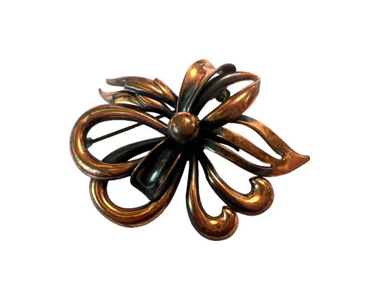 Vintage Copper Triad Flower pin~ Art Deco Bow bro… - image 1