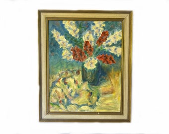 Pintura floral vintage emoldurada, natureza-morta expressionista com flor de gengibre, obra de arte assinada.