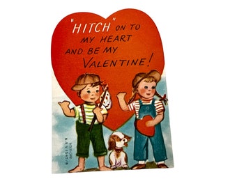 Vintage 1950er Jahre Valentine ~ "Hitch to my heart and be my Valentine!" Die Cut Unbenutzte Valentinstagskarte ~ Hitch Hiker Kids & Welpe
