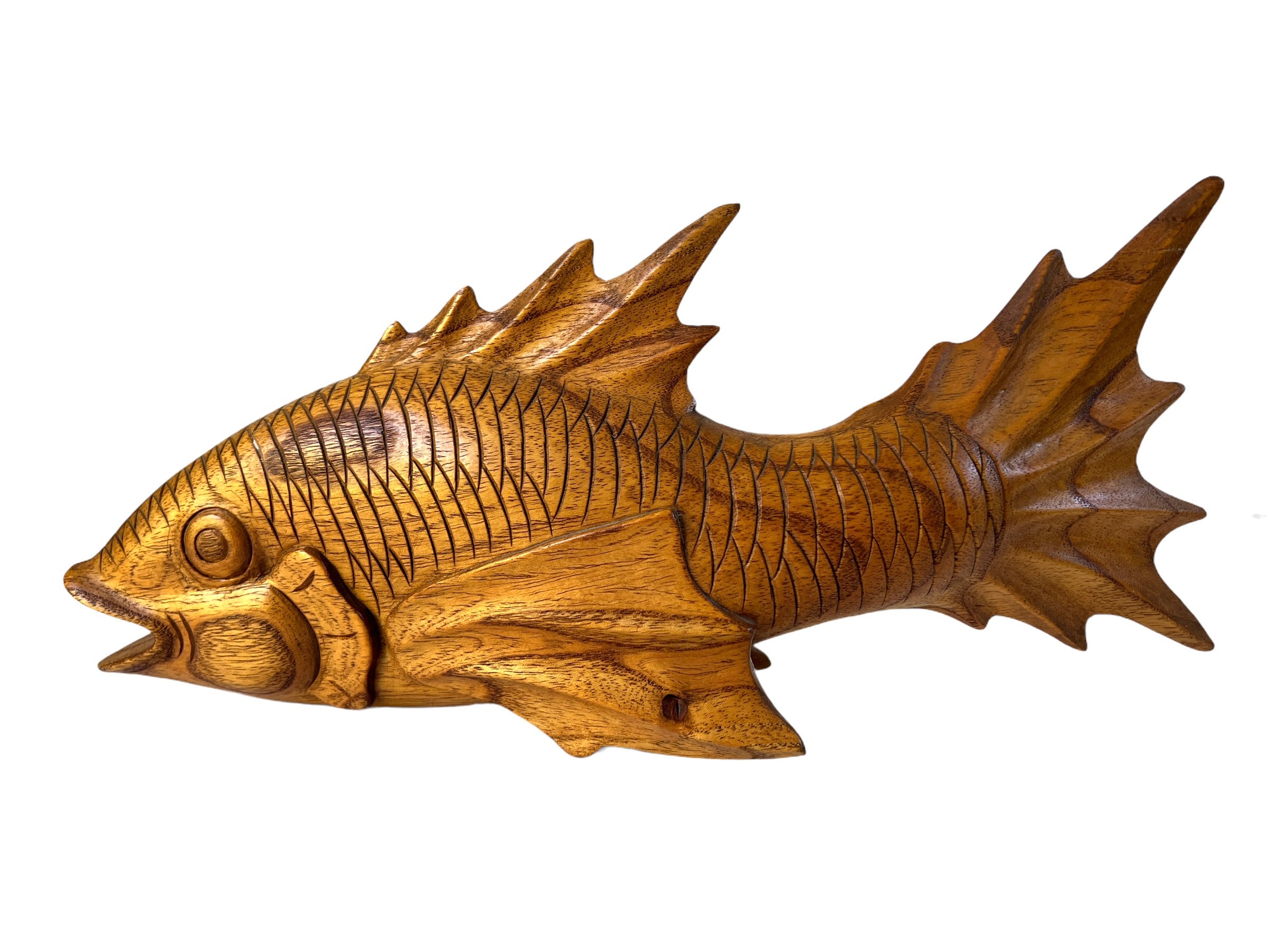 Vintage Sea Monster Fish Sculpture Hand Carved Koi Carving Teak Wood 