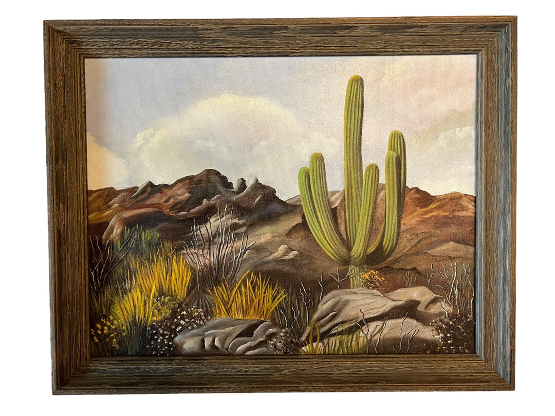 Vintage Saguaro Cactus Oil Painting, Framed Desert Landscape Art (14x18 ...