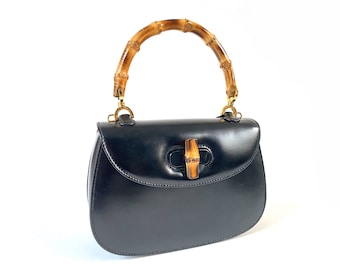 Vintage Gucci Bamboo Clutch~ Authentic Convertible Top Handle Bag Purse~ Bamboo Toggle clasp~ Black Leather