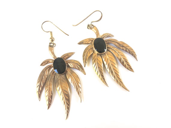 Vintage Pot leaf Earrings ~ Artist made Onyx & Br… - image 2