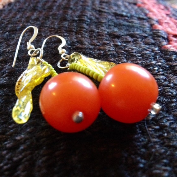 Handmade Sour Cherry Earrings Vintage Bakelite Beads W Handblown Glass Leaves sterling Silver Etsy