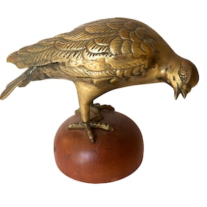 Vintage Brass Bird Sculpture ~ Hollywood Regency decor~ Woodland forest~ Antique Pigeon or Dove Statue on wooden base~ Gift for bird lover