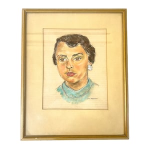 Mid Century Oil Pastel Portrait~ 1950&#39;s Moody original portrait of Beautiful woman with sad brown eyes~ Signed & framed original art piece