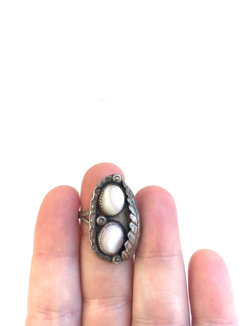 Vintage Ornate Navajo Old Pawn Ring~Stamped Berries & Leaves Sterling Silver original art piece~Unique Statement Ring, Size 8.5~ Mary Chavez