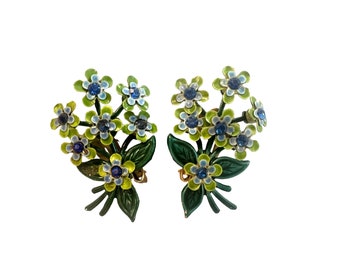 Vintage Flower Bouquet Earrings~ Enamel & Rhinestone Blue forget me not flowers~ Unique 1950's Clip on Costume earrings