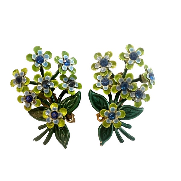 Vintage Flower Bouquet Earrings~ Enamel & Rhinestone Blue forget me not flowers~ Unique 1950's Clip on Costume earrings