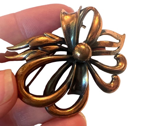 Vintage Copper Triad Flower pin~ Art Deco Bow bro… - image 7