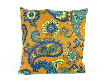 Vintage Paisley Floral Pillow ~ 1960's Flower Decorative Throw Pillow~ Mustard Yellow, Blue & Green ~12" x 12"