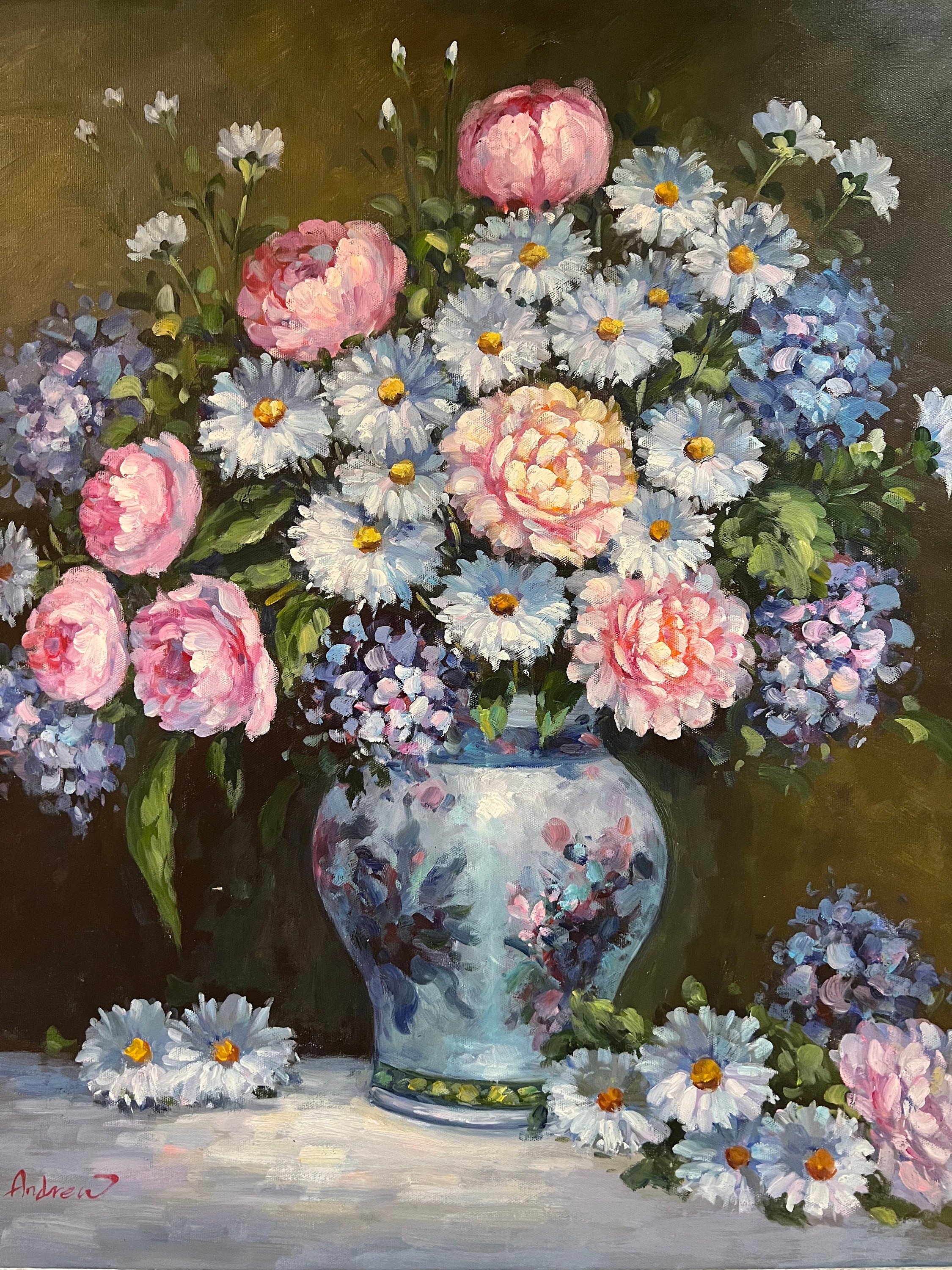 Vintage Floral Oil Painting, Framed Still Life Signed Andrew - Etsy