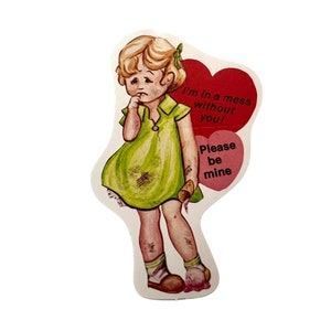 Tarjeta vintage de San Valentín "¡Soy un desastre sin ti! Por favor, sea mío" Sweet 1970's Die Cut Unused Card ~ Hot mess girl with spilled ice cream