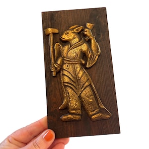 Mid Century Brass Zodiac Wall Hanging ~ Rabbit Chinese Astrological art - Hollywood Regency era~ Rustic Boho decor ~Brass & Wood Plaque