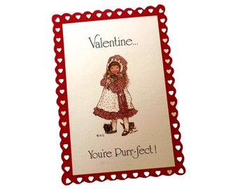 Vintage Holly Hobbie Valentinstagskarte ~ "Valentine You're Purrfect" 1970er Die Cut Unbenutzte Karte ~ Mädchen mit Kätzchen ~ Cottagecore Valentine