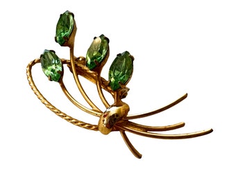 Broche Ancienne Art Nouveau En Bronze - Fleur Et Cabochon Verre Vert - Occasion