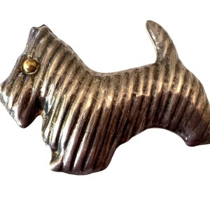 Vintage Puffy Scottie Dog Brooch~ Sterling Silver Taxco Mexico pin~ Gift for the Scottish Terrier lover~ Gold eye