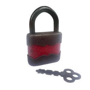 Vintage Red Metal Lock & Key~ Works w/ original key ~ Perfect patina ~Industrial Metal lock